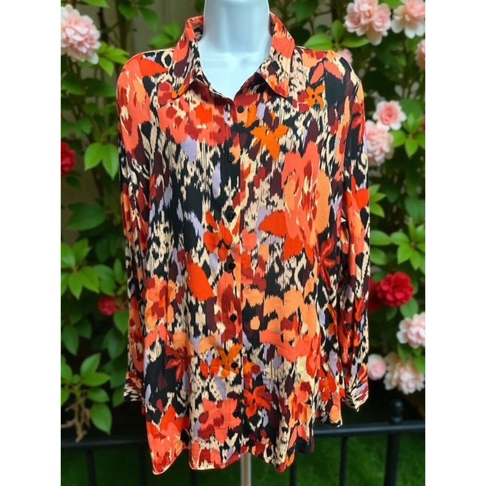 Liverpool 1X Top Rayon Button Up Mod Burnt Orange Floral Lightweight Long Sleeve - Picture 2 of 6